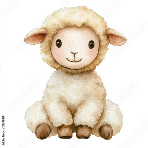 Cute watercolor illustration of kid sheep doll, adorable and fluffy