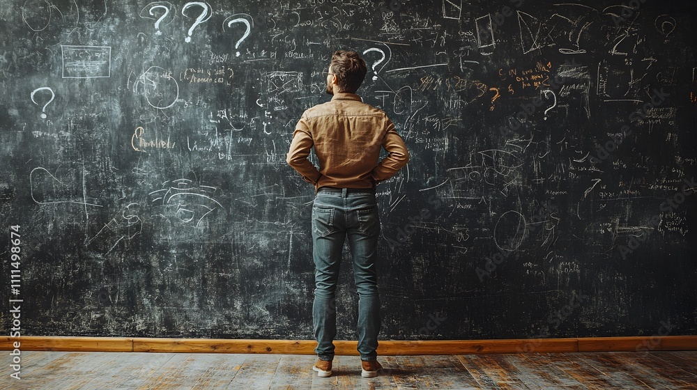 A man stands in front of a blackboard with question marks and scribbles, trying to figure out the details of his business plan A man stands in front of a blackboard with question marks and scribbles, trying to figure out the details of his business plan