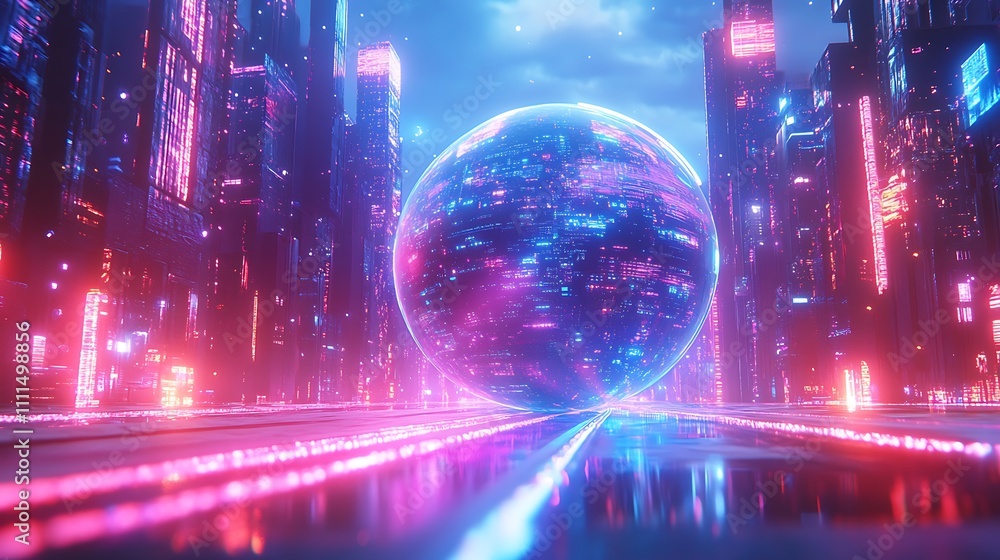 An illuminated 3D globe with bright highways of data streams crisscrossing the surface, intense neon lighting, vibrant blue and purple hues, sleek modern design, photorealistic quality, An illuminated 3D globe with bright highways of data streams crisscrossing the surface, intense neon lighting, vibrant blue and purple hues, sleek modern design, photorealistic quality,