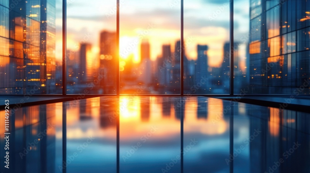 Modern Office Interior at Sunset with Meeting Table and Skyscraper View Background Modern Office Interior at Sunset with Meeting Table and Skyscraper View Background