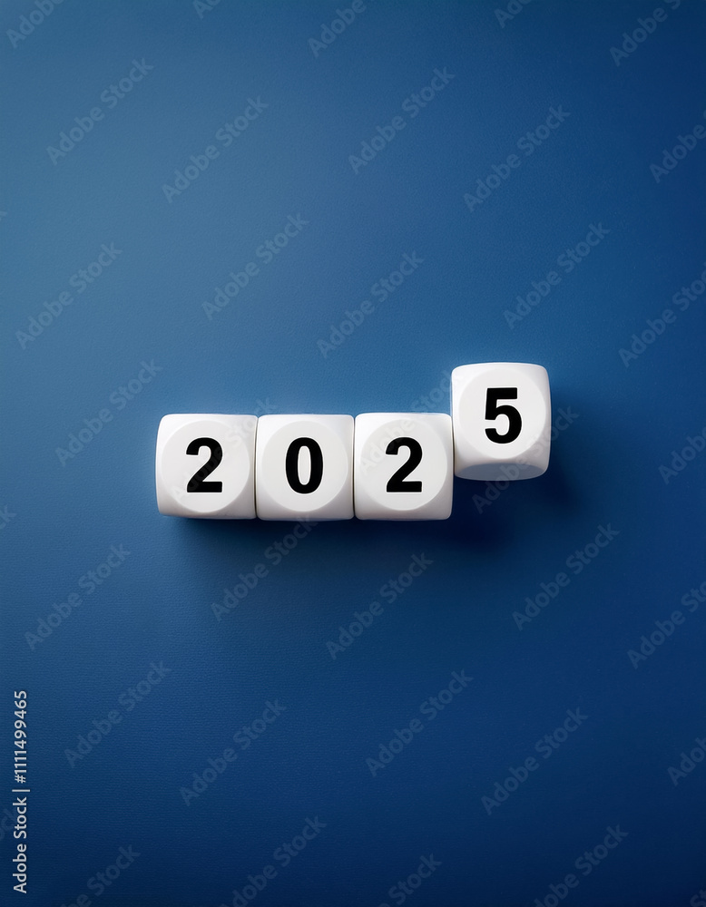 2025 number of with change to new era concepts. Flipping the 2024 to 2025 year calendar numbers on white dice, cube blocks isolated on dark blue banner background, minimalist simple style 2025 number of with change to new era concepts. Flipping the 2024 to 2025 year calendar numbers on white dice, cube blocks isolated on dark blue banner background, minimalist simple style