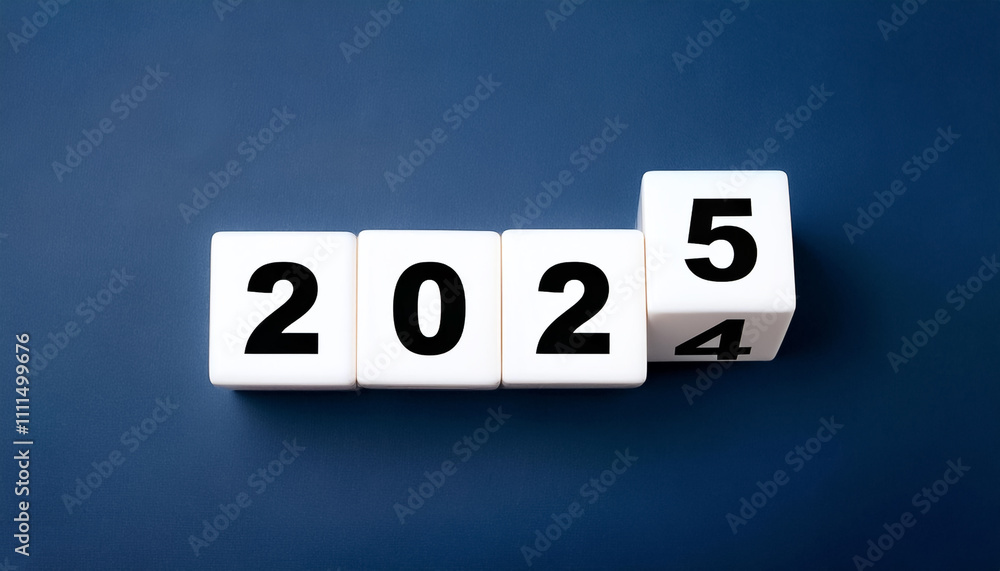 2025 number of with change to new era concepts. Flipping the 2024 to 2025 year calendar numbers on white dice, cube blocks isolated on dark blue banner background, minimalist simple style 2025 number of with change to new era concepts. Flipping the 2024 to 2025 year calendar numbers on white dice, cube blocks isolated on dark blue banner background, minimalist simple style
