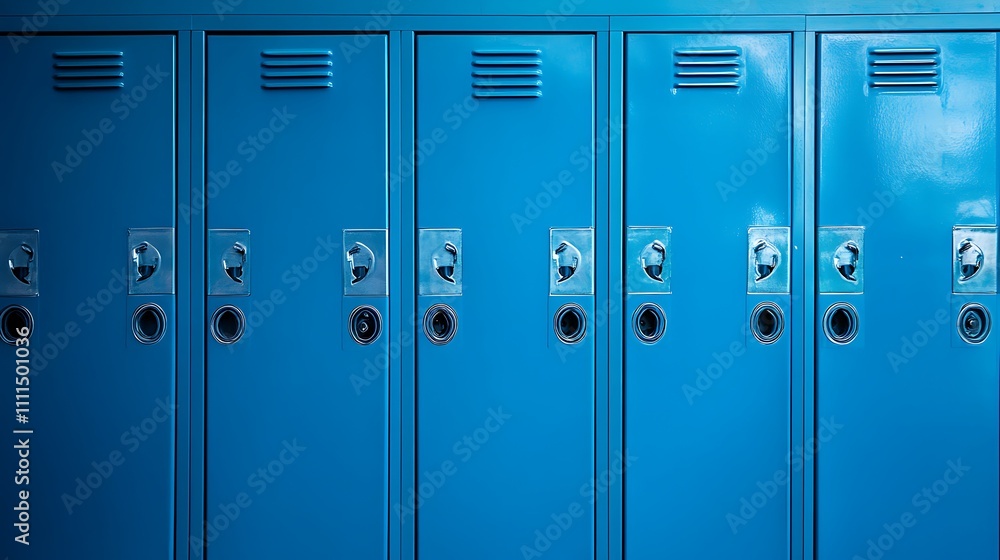 A row of blue school lockers with silver horizontal doors, representing the theme for an online educational platform. The background is plain and uniform in color to highlight each locker's unique des A row of blue school lockers with silver horizontal doors, representing the theme for an online educational platform. The background is plain and uniform in color to highlight each locker's unique des
