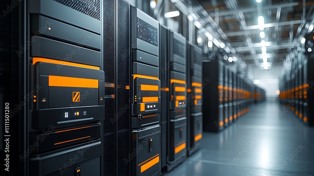 A row of high-tech battery storage systems, filled with black and orange rectangular boxes stacked on top of each other in an industrial setting. The scene is captured from the side view to emphasize A row of high-tech battery storage systems, filled with black and orange rectangular boxes stacked on top of each other in an industrial setting. The scene is captured from the side view to emphasize