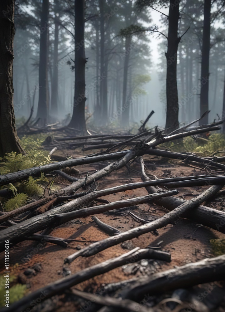 A pyre of blackened tree trunks and branches on forest floor, dead plant matter, tree wreckage A pyre of blackened tree trunks and branches on forest floor, dead plant matter, tree wreckage