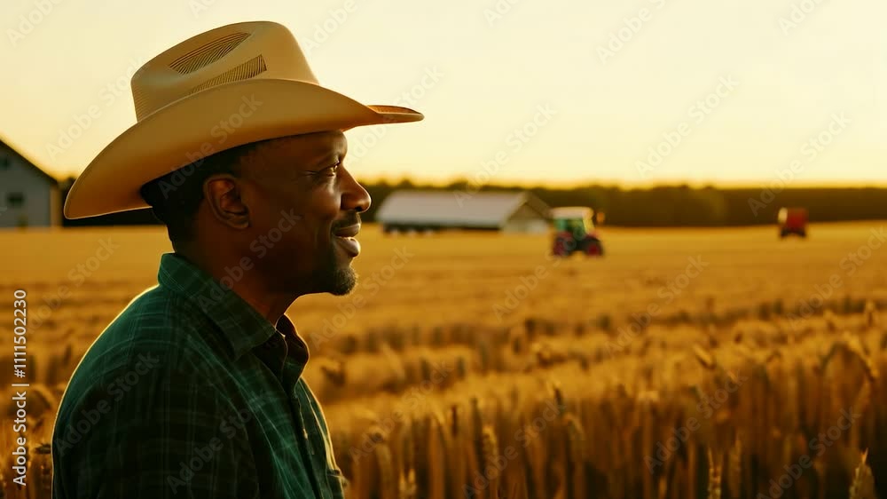 Middle aged African American male farmer in cowboy hat with clipboard in a wheat field. A middle-aged farmer stands proudly in his wheat field, clipboard guiding his tasks. Middle aged African American male farmer in cowboy hat with clipboard in a wheat field. A middle-aged farmer stands proudly in his wheat field, clipboard guiding his tasks.