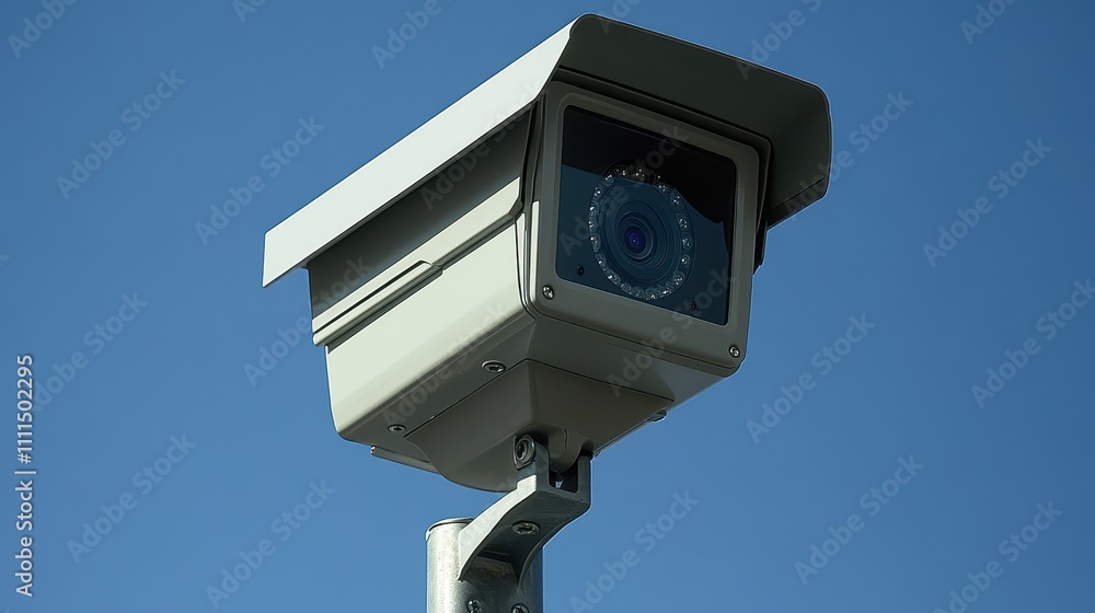 A security camera against a clear blue sky. Ideal for concepts of surveillance, safety, and technology. A security camera against a clear blue sky. Ideal for concepts of surveillance, safety, and technology.