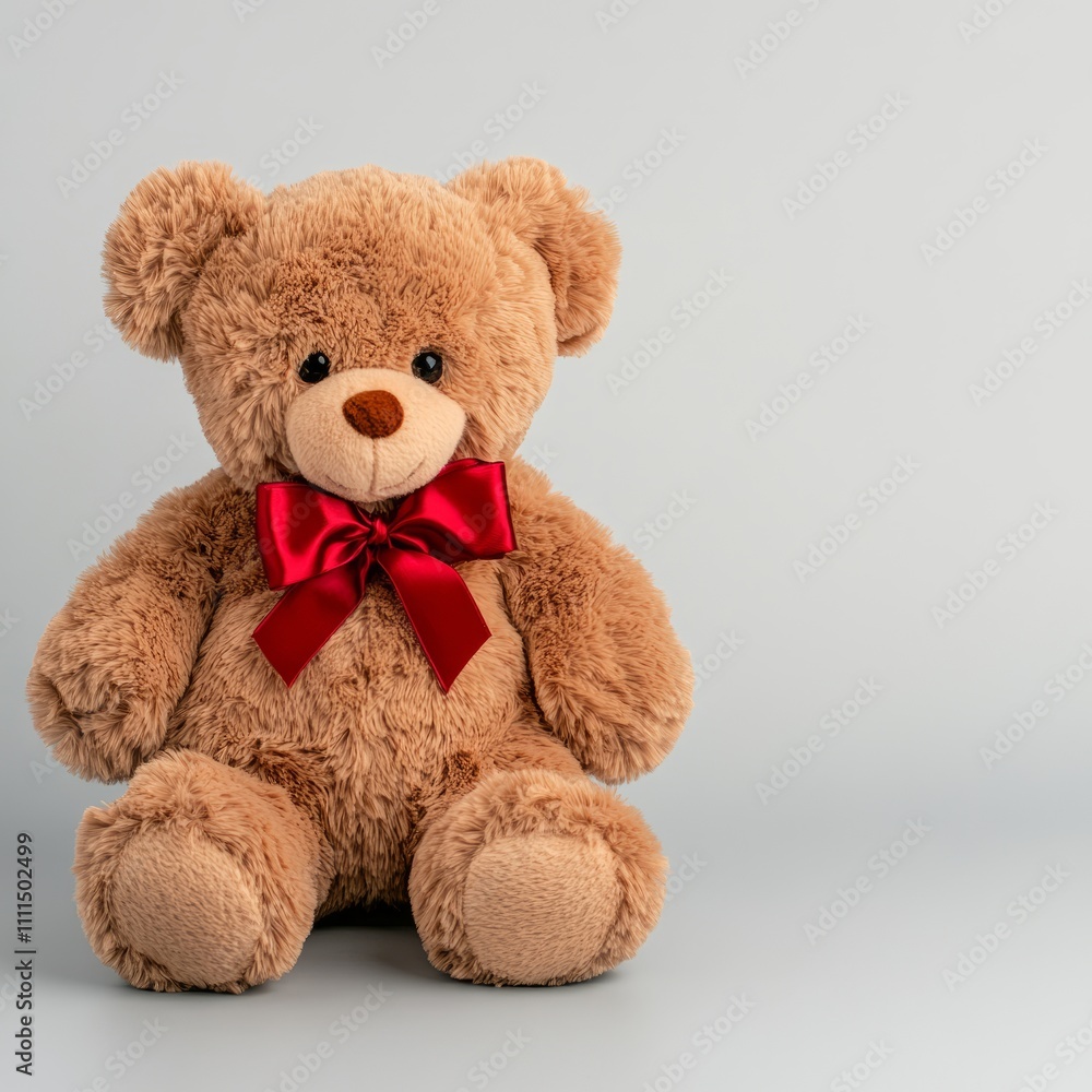 Brown teddy bear with red bow sitting on grey background. Brown teddy bear with red bow sitting on grey background.