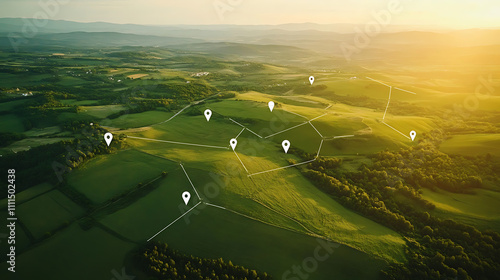 Top view Land with network markers representing land development planning and connectivity photo