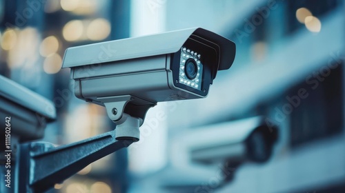 Modern CCTV camera mounted on a building. Ideal for security, surveillance, and safety concepts.