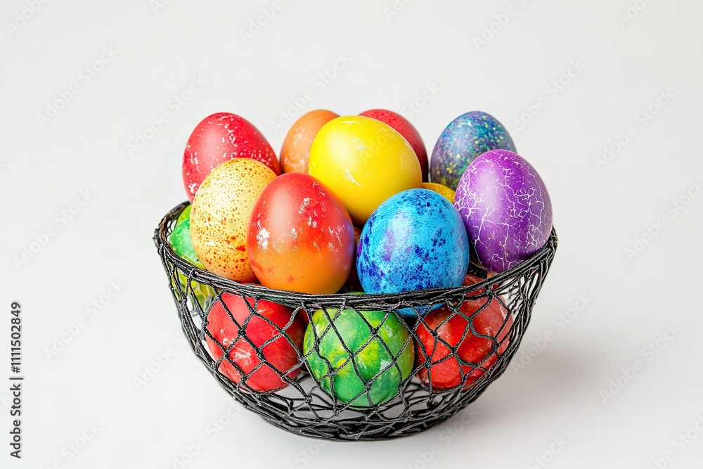 Metal basket filled with colorful fresh eggs placed on a white background Metal basket filled with colorful fresh eggs placed on a white background