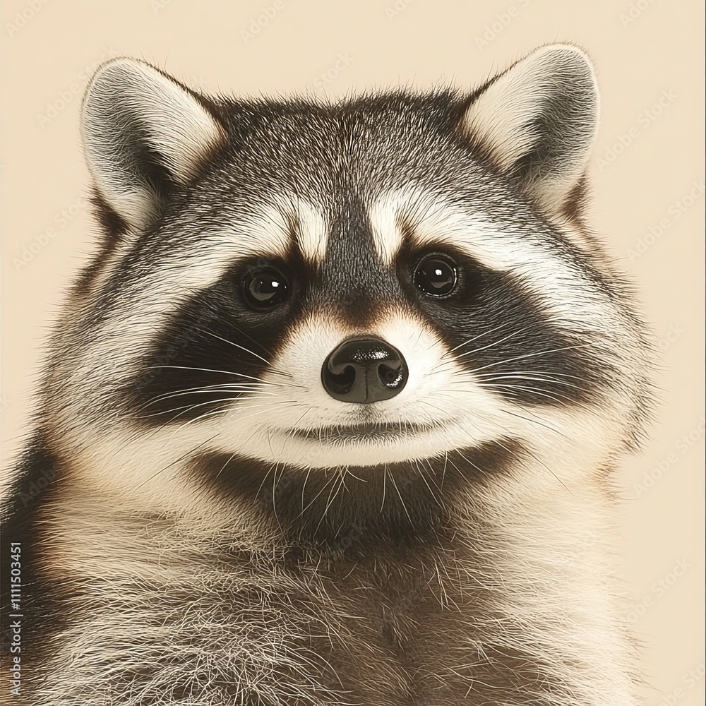 Close-up portrait of a raccoon against a light beige background. Close-up portrait of a raccoon against a light beige background.