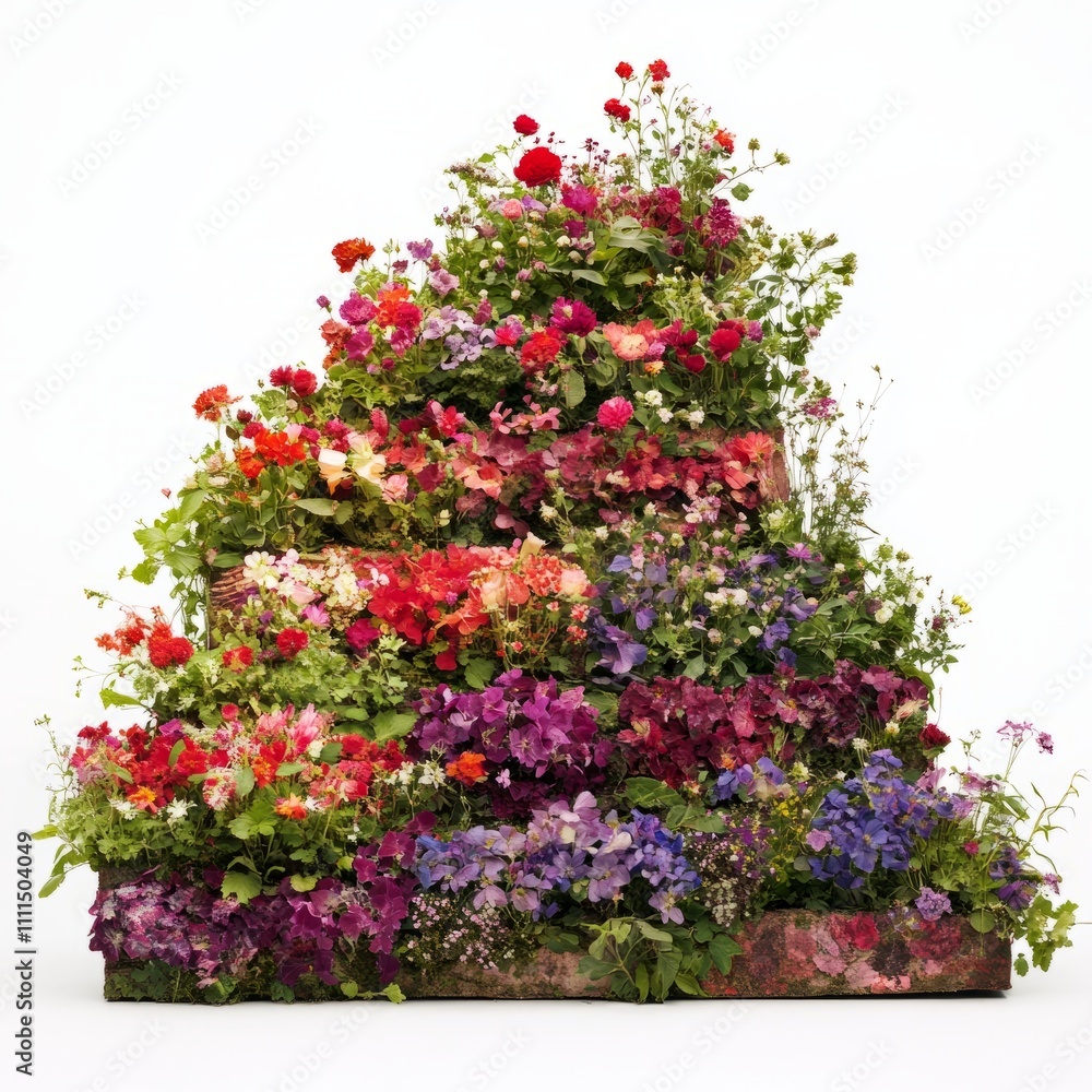 Obraz premium Colorful flower arrangement in tiered planter, isolated on white.