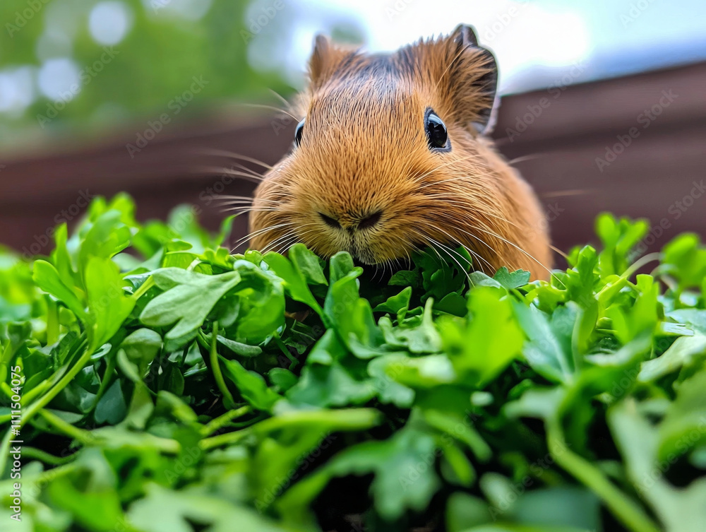 cute guinea pig munching on fresh greens in vibrant garden cute guinea pig munching on fresh greens in vibrant garden