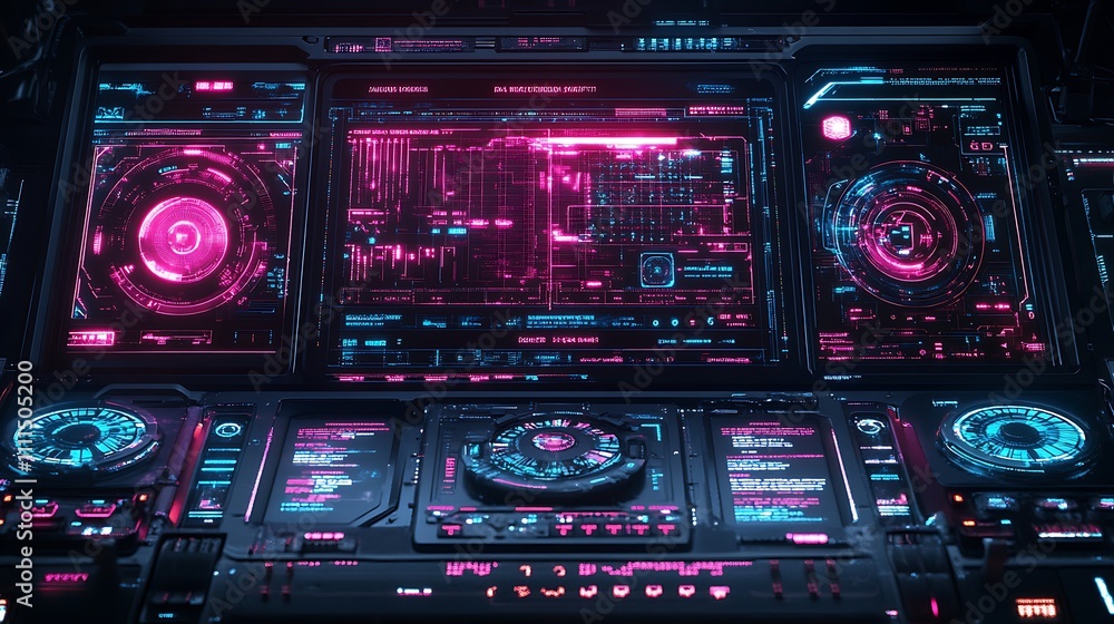 A cyberpunk-themed HUD with neon overlays and detailed grids, bright magenta and cyan accents, floating 3D elements, animated holographic displays, layered transparency effects, A cyberpunk-themed HUD with neon overlays and detailed grids, bright magenta and cyan accents, floating 3D elements, animated holographic displays, layered transparency effects,