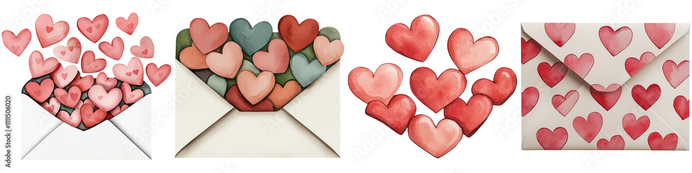 Obraz premium Valentine watercolor handmade, Colorful hearts spilling from envelopes create a festive and romantic atmosphere.