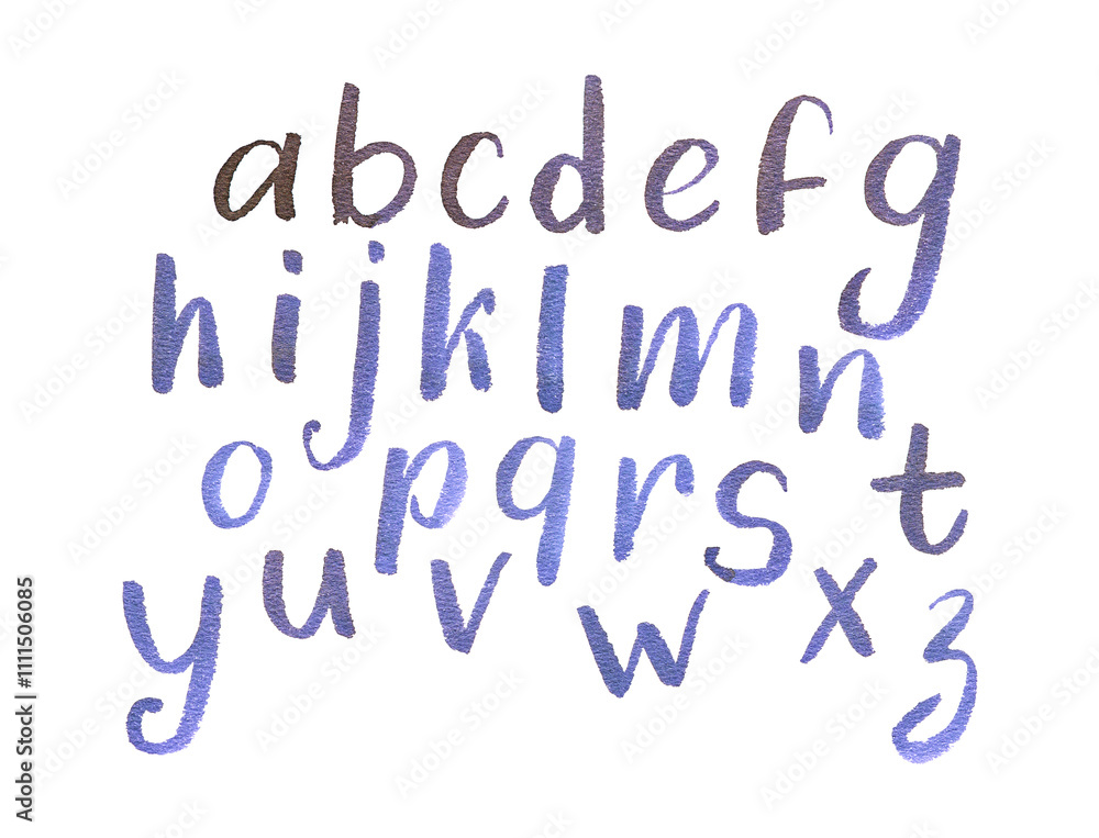 Hand-painted watercolor lowercase alphabet in artistic purple and blue calligraphy on white background. Hand-painted watercolor lowercase alphabet in artistic purple and blue calligraphy on white background.