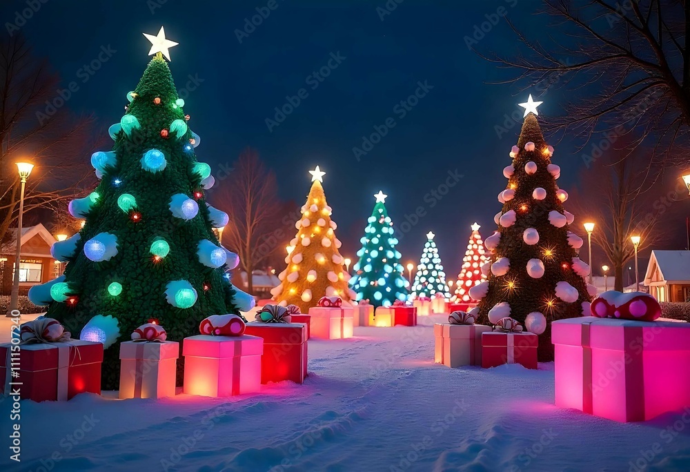 Obraz premium christmas tree lights and gifts underneath the house.Texture of the night city christmas lights,Snowy Winter background.