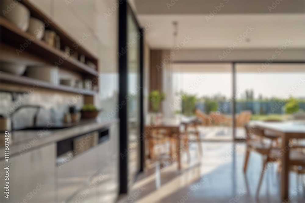 Blurred view of modern stylish kitchen interior Blurred view of modern stylish kitchen interior