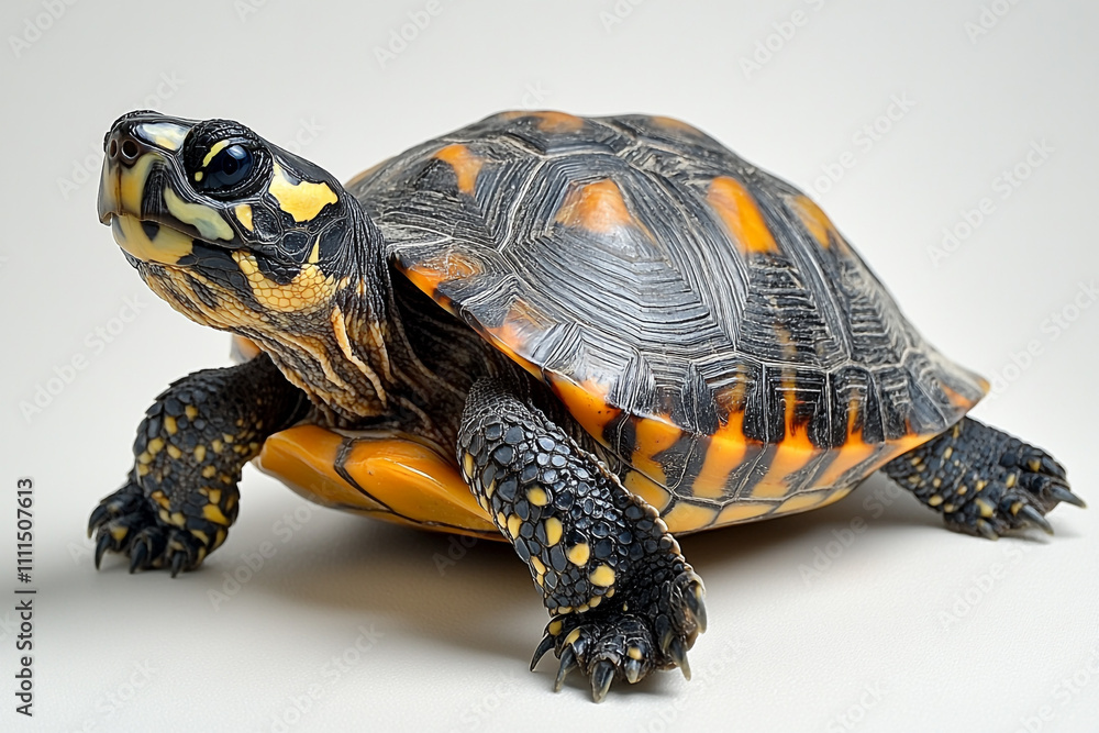 A Yellow Marginated Tortoise Poses Against White Background A Yellow Marginated Tortoise Poses Against White Background