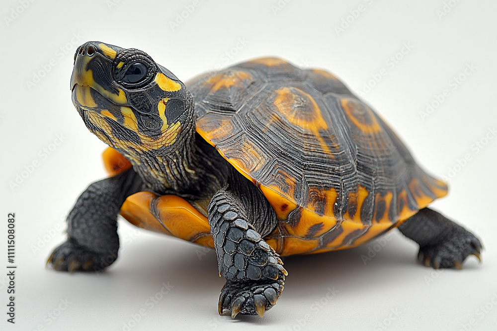 Obraz premium Young yellow and black turtle on white background