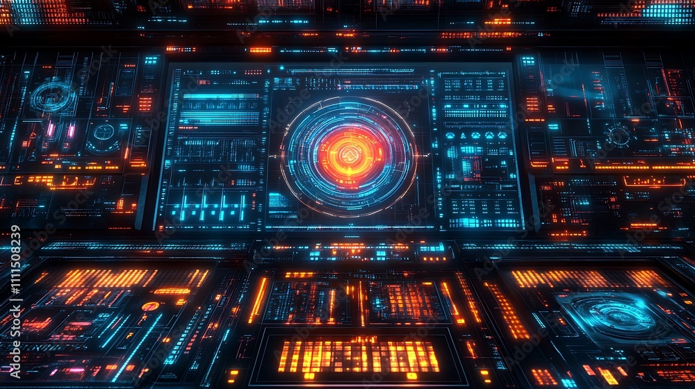 Obraz premium A futuristic cyberpunk HUD showcasing vibrant neon holographic designs, intricate geometric overlays, glowing grid patterns, and seamless motion effects, layered with a sci-fi urban aesthetic,