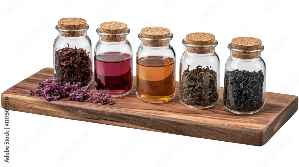 Soothing tea ritual, wooden tray with jars and bottle for a relaxing time experience Soothing tea ritual, wooden tray with jars and bottle for a relaxing time experience