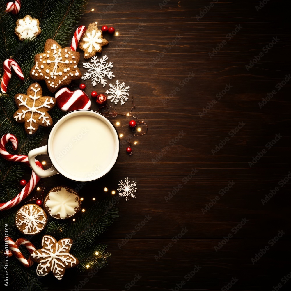 Festive Christmas scene with hot cocoa, gingerbread cookies, candy canes, and evergreen branches on a dark wood background. Festive Christmas scene with hot cocoa, gingerbread cookies, candy canes, and evergreen branches on a dark wood background.