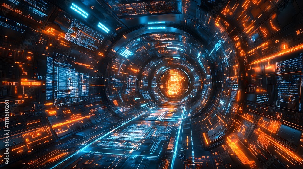Fototapeta premium A futuristic holographic interface with glowing flowing data streams, intricate digital grids, vibrant neon highlights, and dynamic depth animations, set in a high-tech digital space, hd quality.