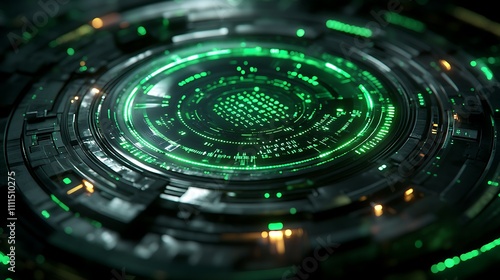 A futuristic HUD design with cascading binary code, glowing green holographic icons, intricate grid lines, dynamic animations, and vibrant neon lighting, Matrix-inspired, set in a sleek digital void,