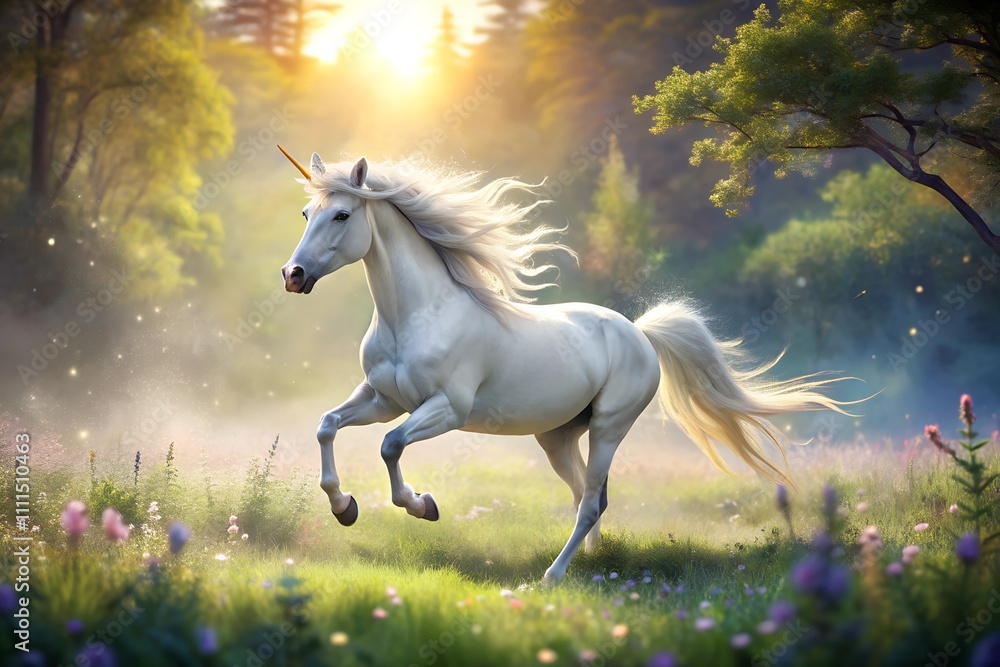 A unicorn galloping through an enchanted meadow A unicorn galloping through an enchanted meadow