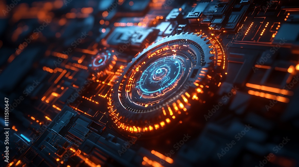 A futuristic HUD with rotating metallic gears, glowing neon circuits, dynamic holographic overlays, and intricate mechanical details, set against a dark industrial backdrop, hd quality. --ar 16:9 A futuristic HUD with rotating metallic gears, glowing neon circuits, dynamic holographic overlays, and intricate mechanical details, set against a dark industrial backdrop, hd quality. --ar 16:9
