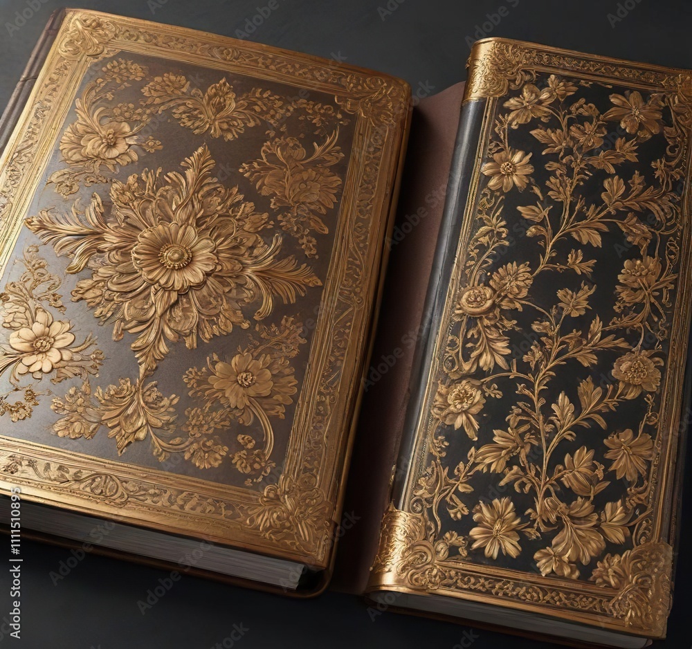 Fototapeta premium Leather-bound book with intricate golden floral designs, classic design, leather texture