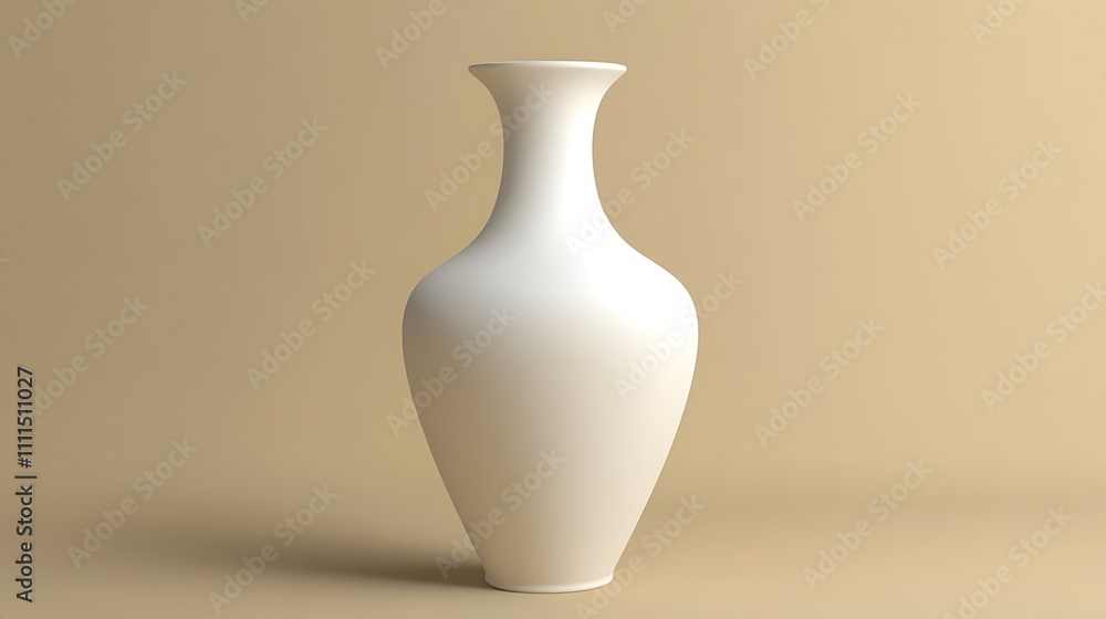 Matte white ceramic vase in 3D, featuring smooth modern curves, centered on a plain sand-colored background Matte white ceramic vase in 3D, featuring smooth modern curves, centered on a plain sand-colored background