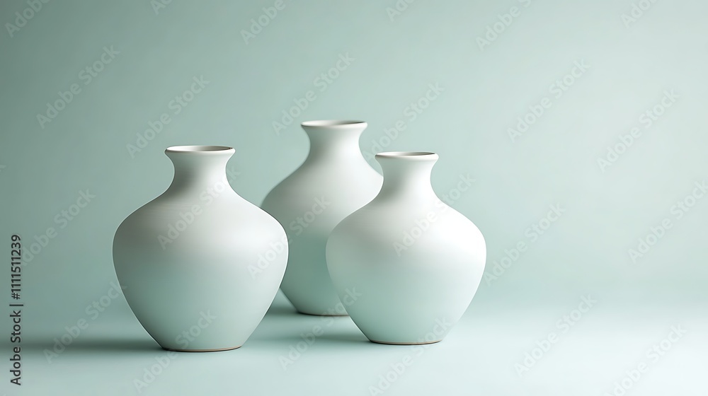 Minimalist 3D vase, matte white ceramic finish, soft round edges, positioned on a plain pale blue background for a modern look Minimalist 3D vase, matte white ceramic finish, soft round edges, positioned on a plain pale blue background for a modern look