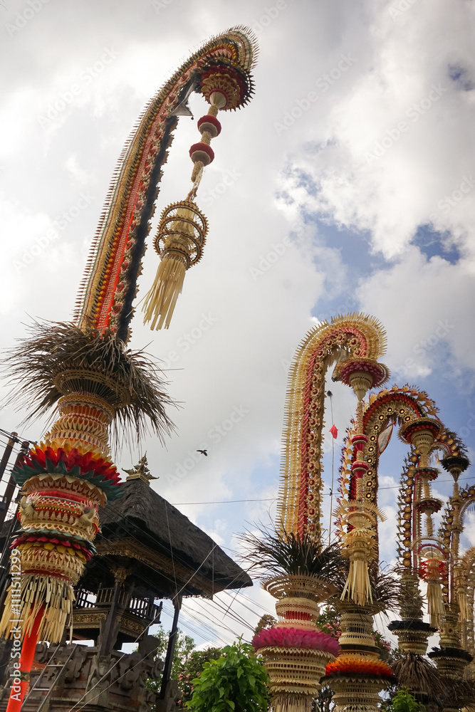 view of Traditional Balinese penjor is made from coconut leaves view of Traditional Balinese penjor is made from coconut leaves