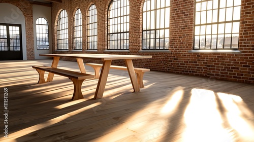 Modern Wooden Picnic Table in Sunlit Brick Loft