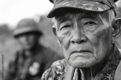 Portrait of an elderly soldier in a military setting.