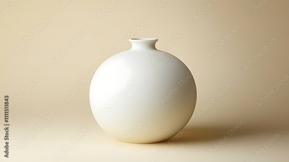 Simple and contemporary 3D vase, matte white ceramic finish, with soft round curves, centered on a plain pale yellow background Simple and contemporary 3D vase, matte white ceramic finish, with soft round curves, centered on a plain pale yellow background