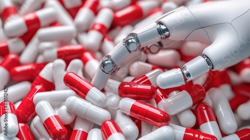 A robotic hand reaching for red and white biotechnology capsules, symbolizing the intersection of technology and healthcare.