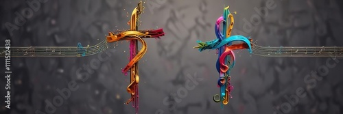 Vibrant cross shape with colorful music notes and treble clefs, musical instruments, audio visual representation