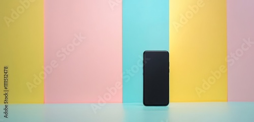 Black-display smartphone set against a pastel background, offering modern design.