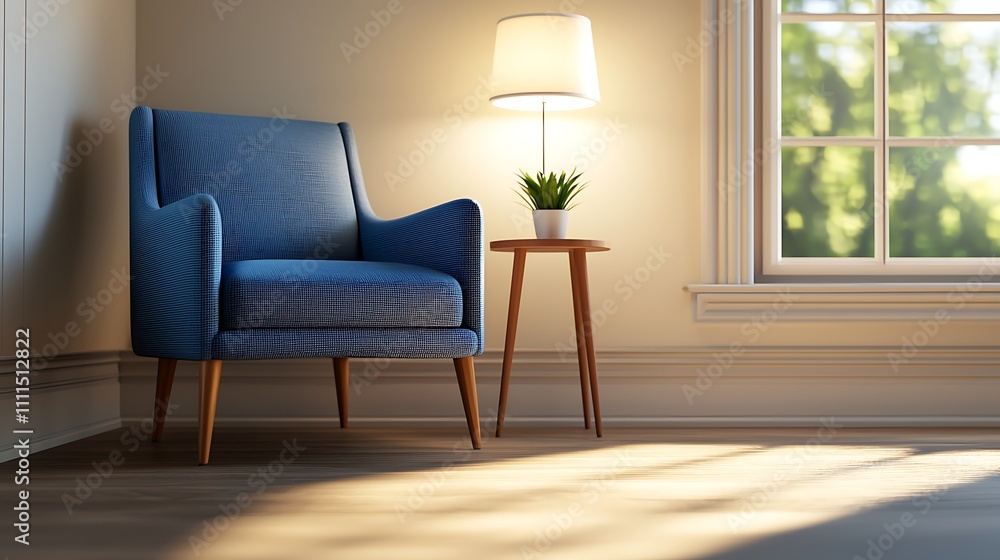 Fototapeta premium Cozy Living Room Interior Blue Armchair Side Table Sunlight