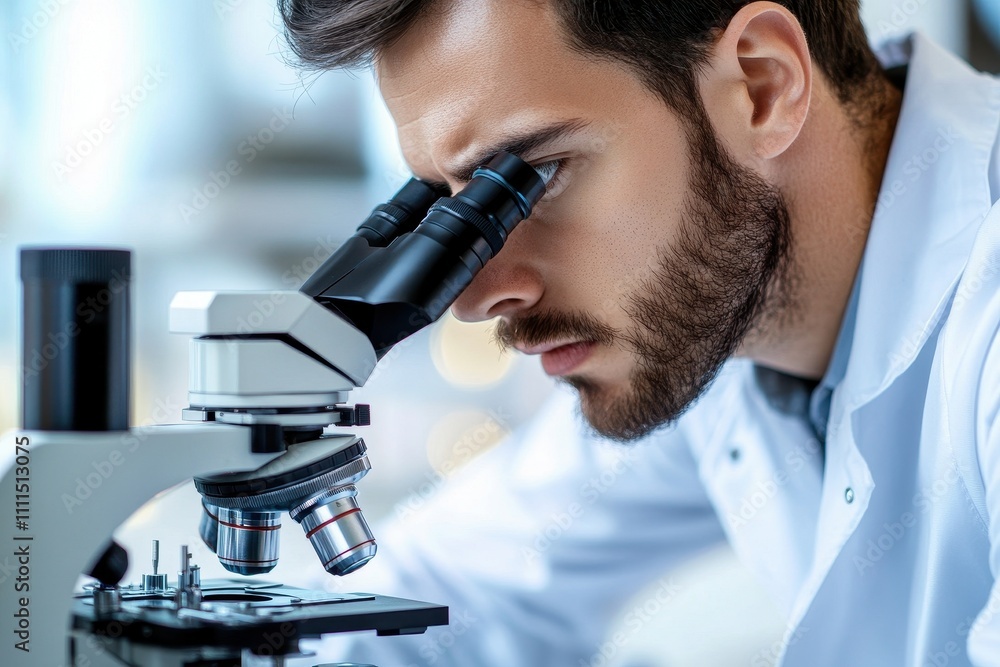 A scientist intently peers through a microscope's eyepieces, focused on his research. This image depicts scientific discovery and meticulous laboratory work. A scientist intently peers through a microscope's eyepieces, focused on his research. This image depicts scientific discovery and meticulous laboratory work.