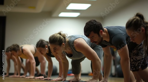 Group performing burpees together in a high-intensity interval training class