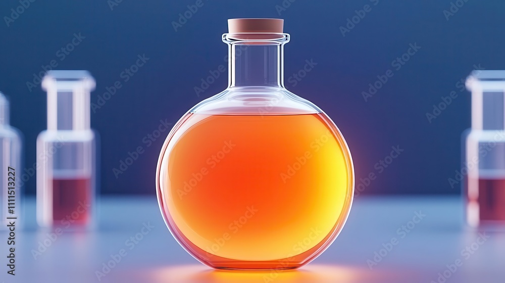 A glowing orange liquid in a round flask, surrounded by smaller clear containers, set against a gradient background. A glowing orange liquid in a round flask, surrounded by smaller clear containers, set against a gradient background.