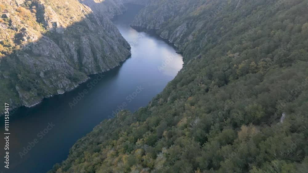 Drone dolly establishing overview of Sil River Canyon, Ribeira Sacra Galicia Spain Drone dolly establishing overview of Sil River Canyon, Ribeira Sacra Galicia Spain