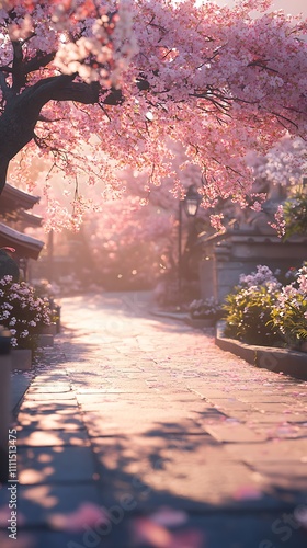 A scenic shot of a sakura garden from a wide perspective, showcasing vibrant pink and white blossoms against a soft, glowing background
