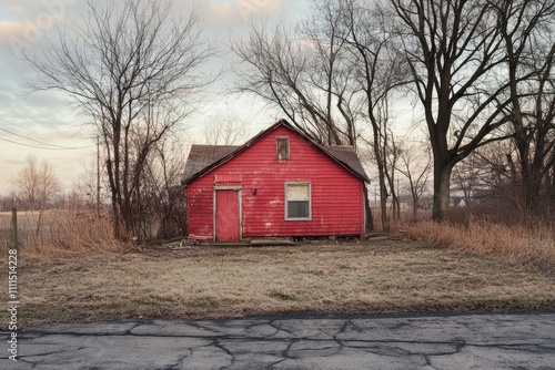 Rustic red house on a rural road, winter landscape.