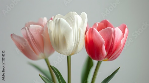 Pink and white tulips, close-up floral arrangement, elegant simplicity, vibrant spring flowers, minimal design, soft neutral tones, nature-inspired beauty, copy space for text